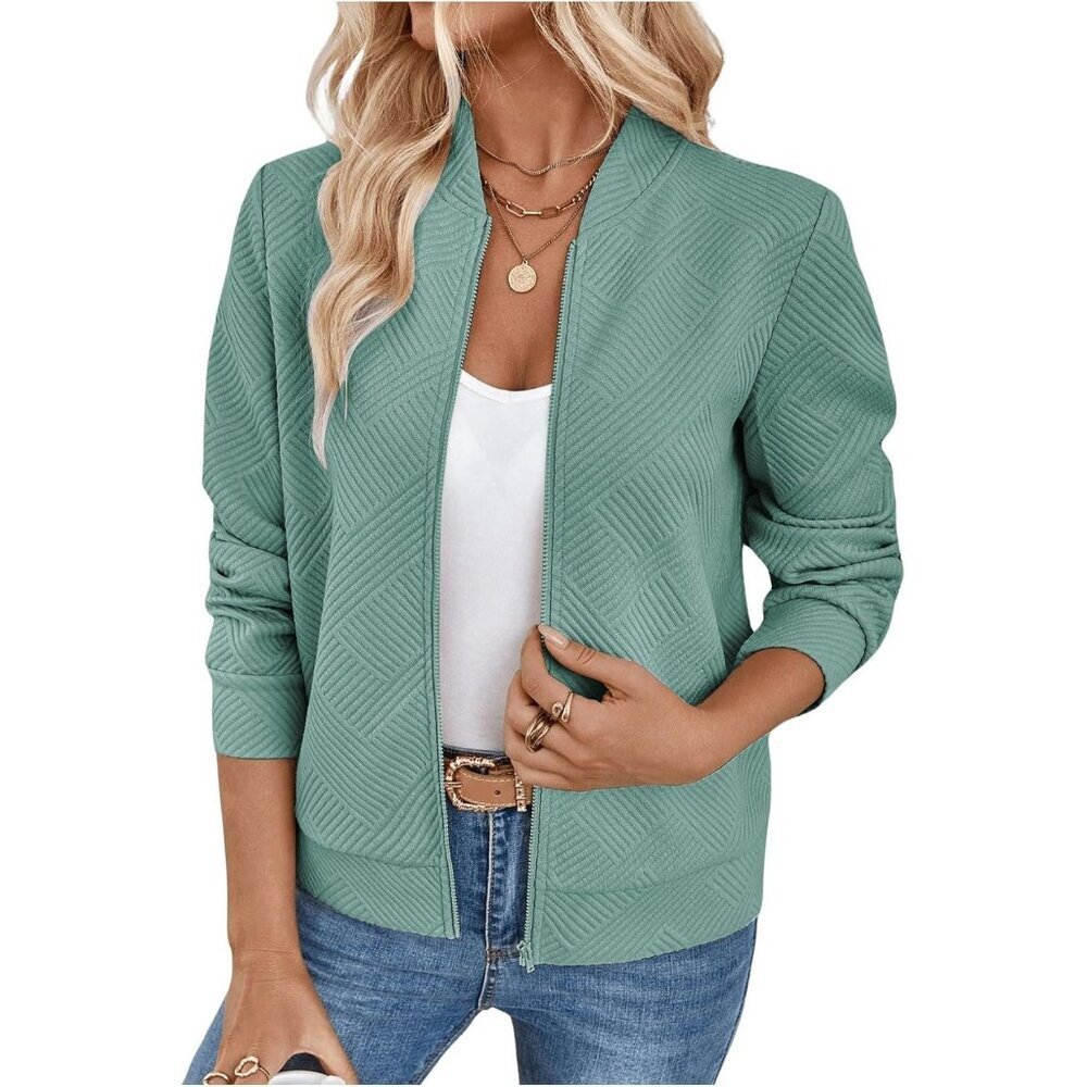 Women's Green Zip Up Long Sleeve Bomber Jacket Coat Lightweight Casual Clothes